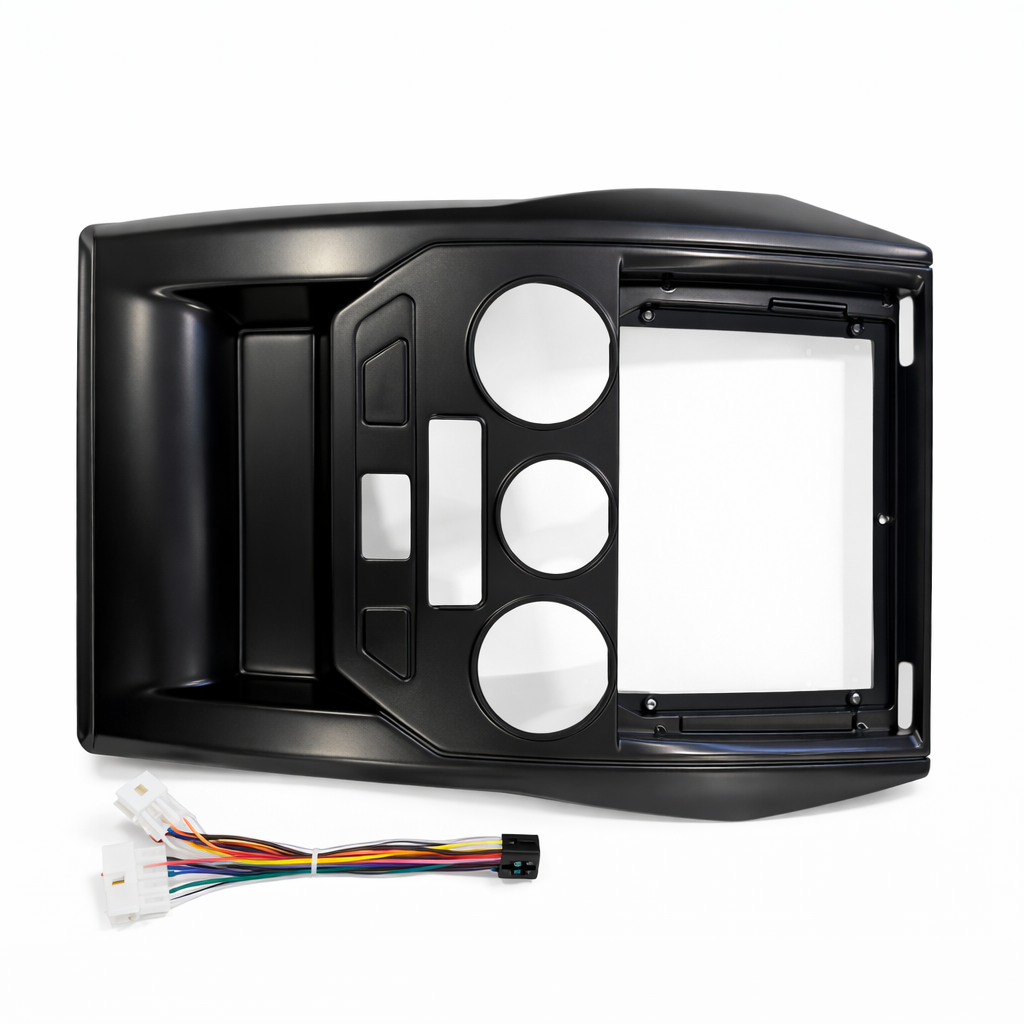 Car stereo installation frame with wiring on a white background