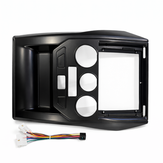 Car stereo installation frame with wiring on a white background