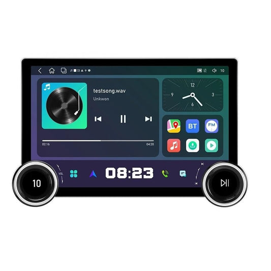 Car multimedia system with touchscreen display on a white background