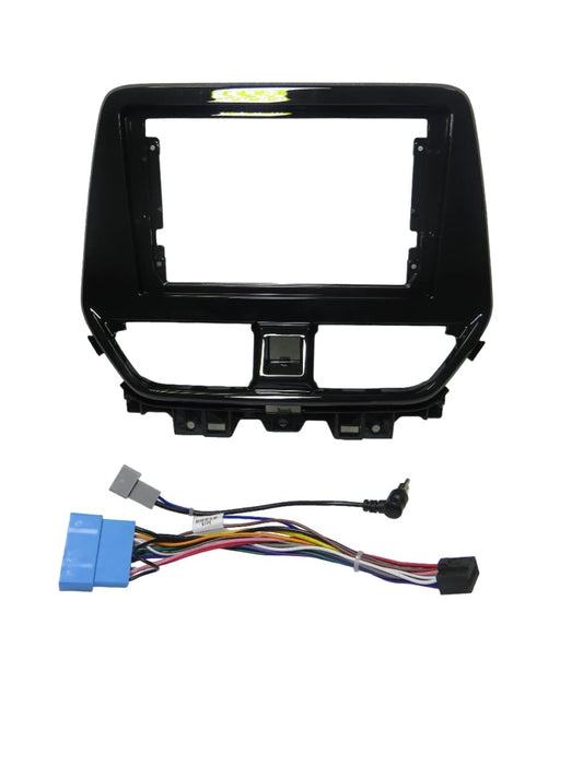Car stereo installation frame with wiring harness on a white background