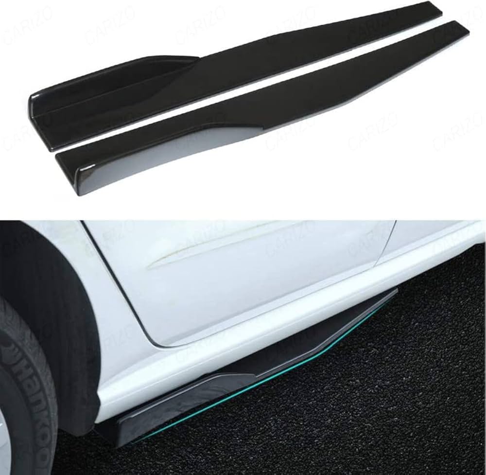 Black car side skirts on a white car with a black background