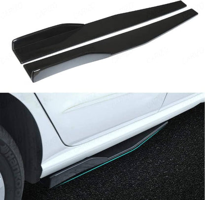 Black car side skirts on a white car with a black background