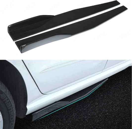Black car side skirts on a white car with a black background