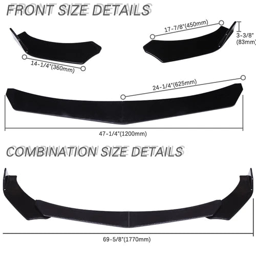 Measurement chart of car front and combination spoilers with dimensions.