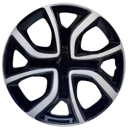 Car wheel rim with black and silver design on a white background