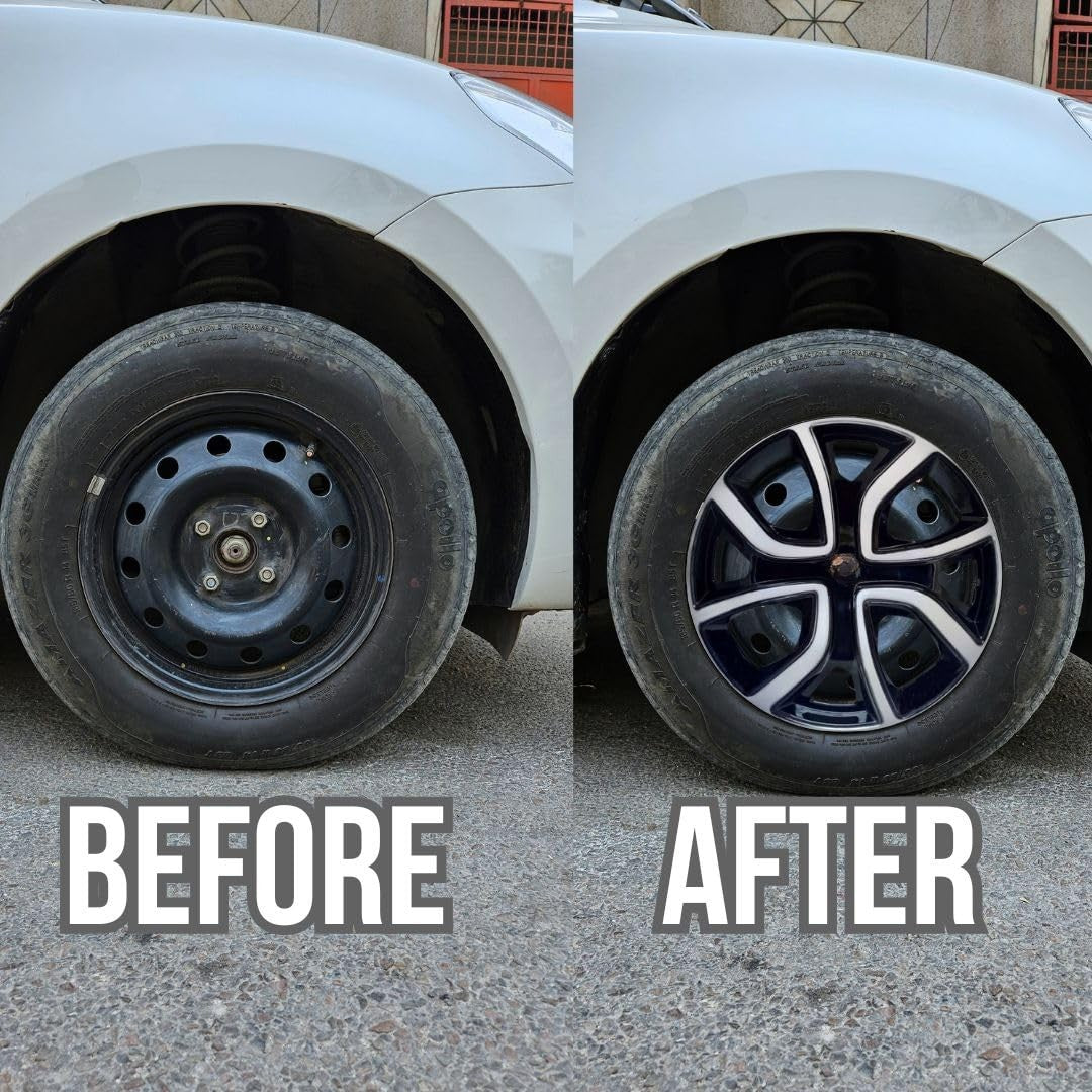 Before and after comparison of a car wheel with a new rim.
