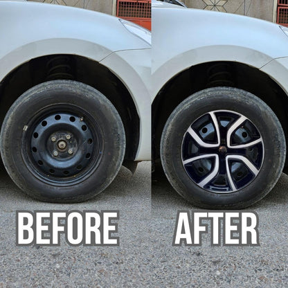 Before and after comparison of a car wheel with a new rim.