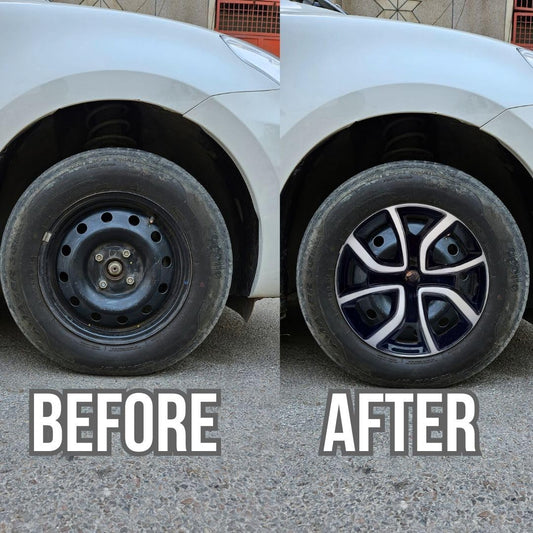 Before and after comparison of a car wheel with a new rim.