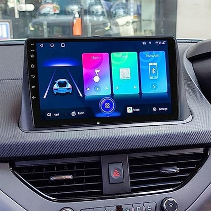 Car dashboard with a touchscreen display showing navigation and Bluetooth icons.