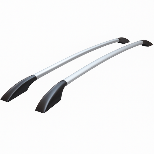 Two car roof racks with black end caps on a white background