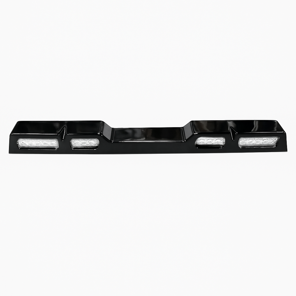Black license plate holder with LED lights on a white background