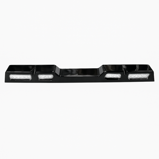 Black license plate holder with LED lights on a white background