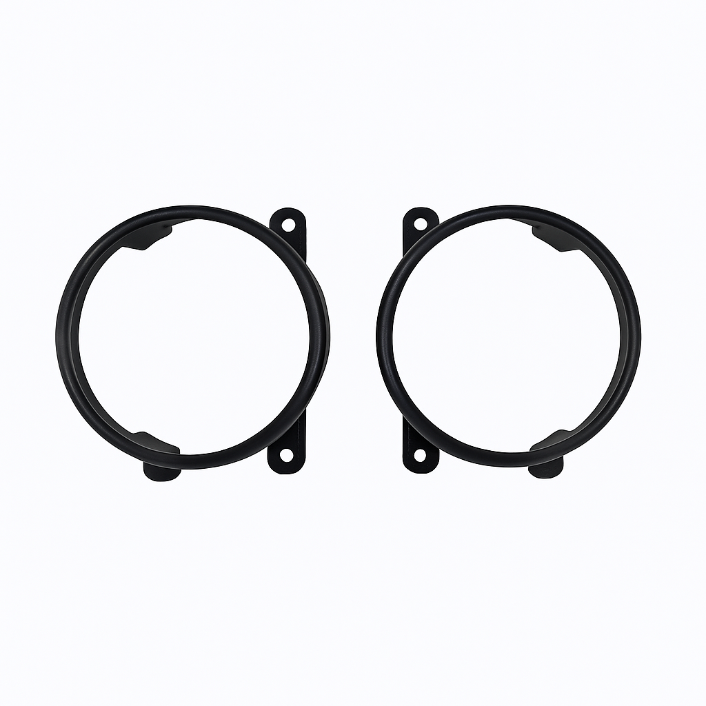 Two black circular metal brackets on a white background