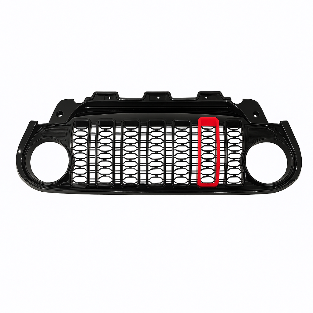 Car grille with black honeycomb pattern and red accent on a white background