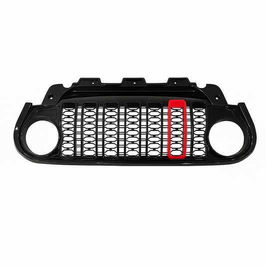 Car grille with black honeycomb pattern and red accent on a white background