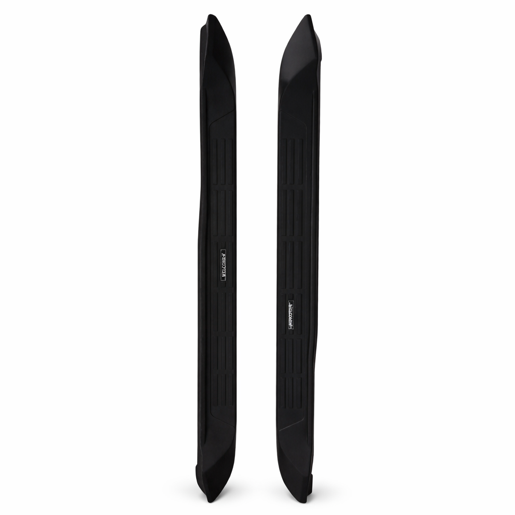 Two black car side skirts on a white background
