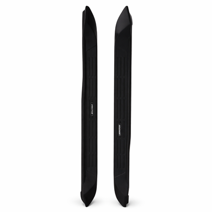 Two black car side skirts on a white background