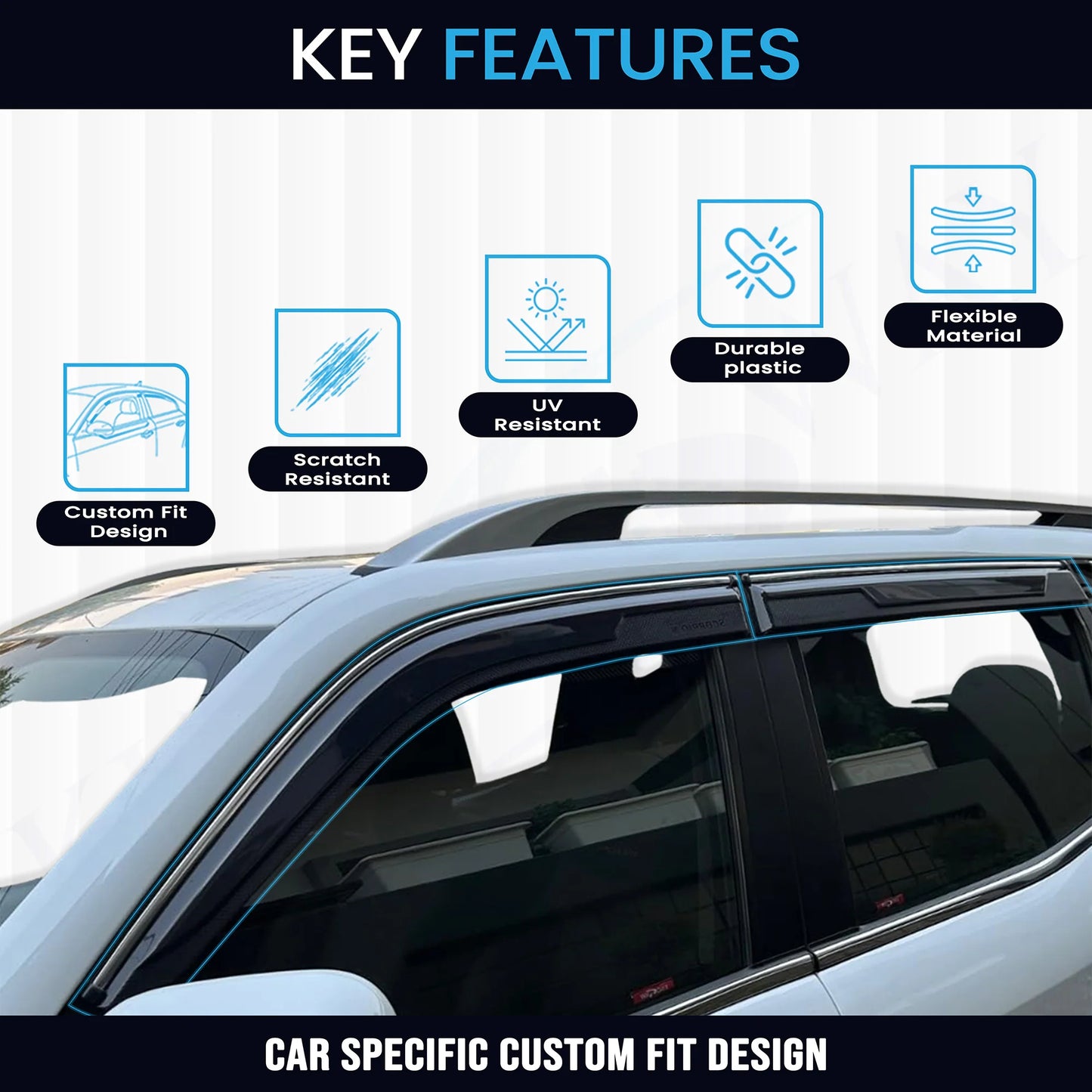 Car sunshade with key features listed above it on a white background