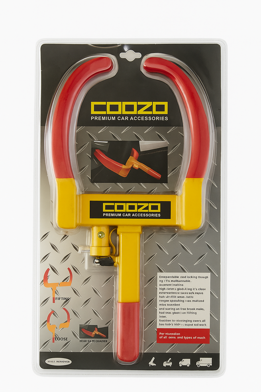 Red and yellow car lock with COOZO branding on packaging