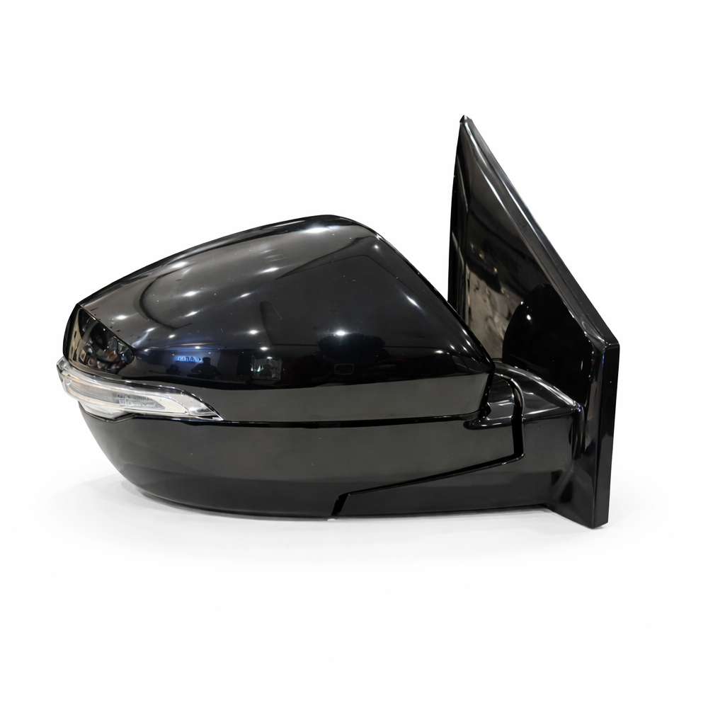Black car side mirror on a white background