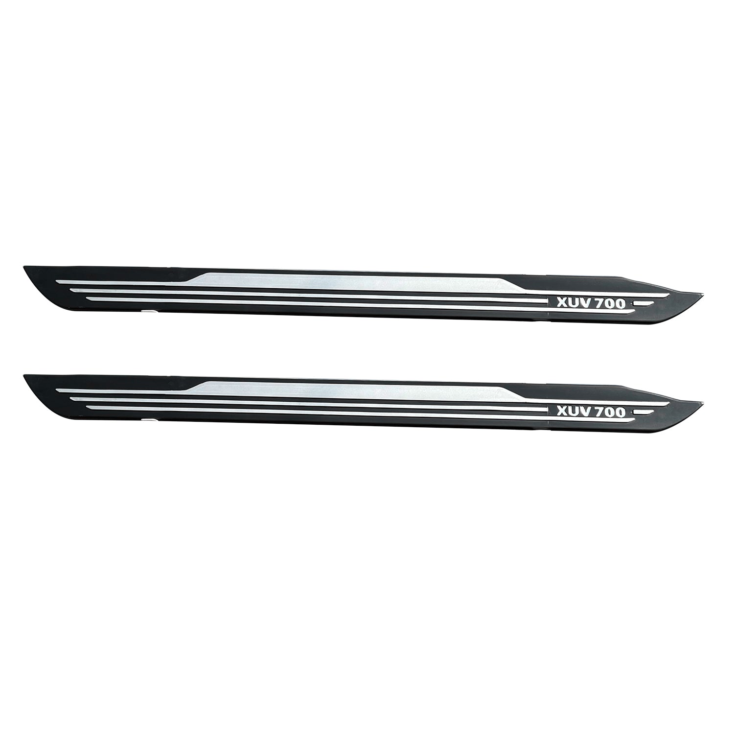 Two black car side skirts with 'XUV 700' branding on a white background